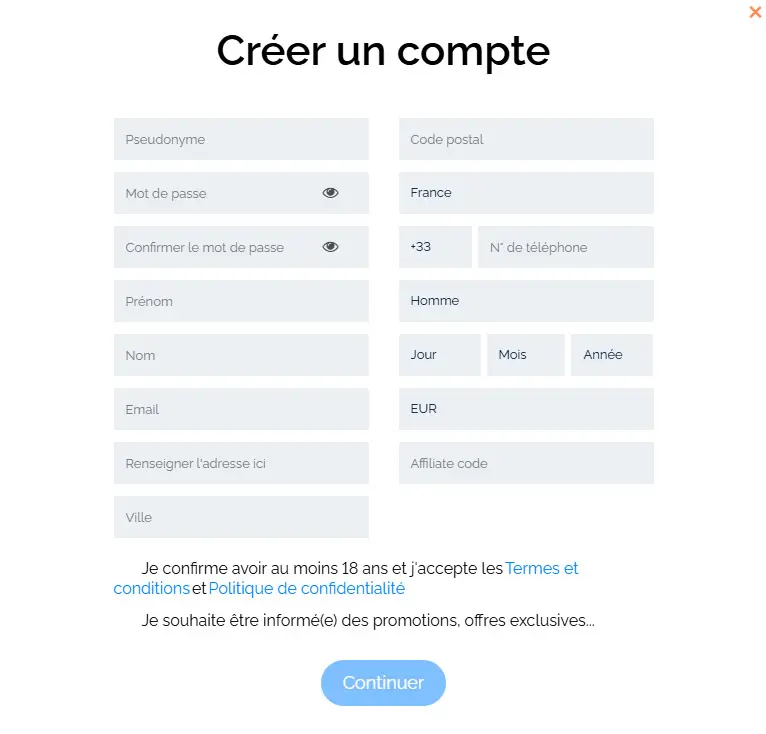 Processus d'inscription BETSWAP CASINO